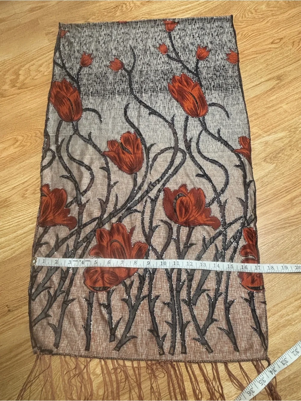 Lightweight Floral Fringe Scarf in Taupe and Rust